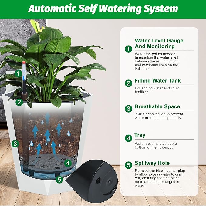 16 in Self Watering Planters Set of 2, Tall Diamond Design, with Water Level Monitor, Indoor Outdoor Flower Pots for Patio, Porch, Living Room, Home Office