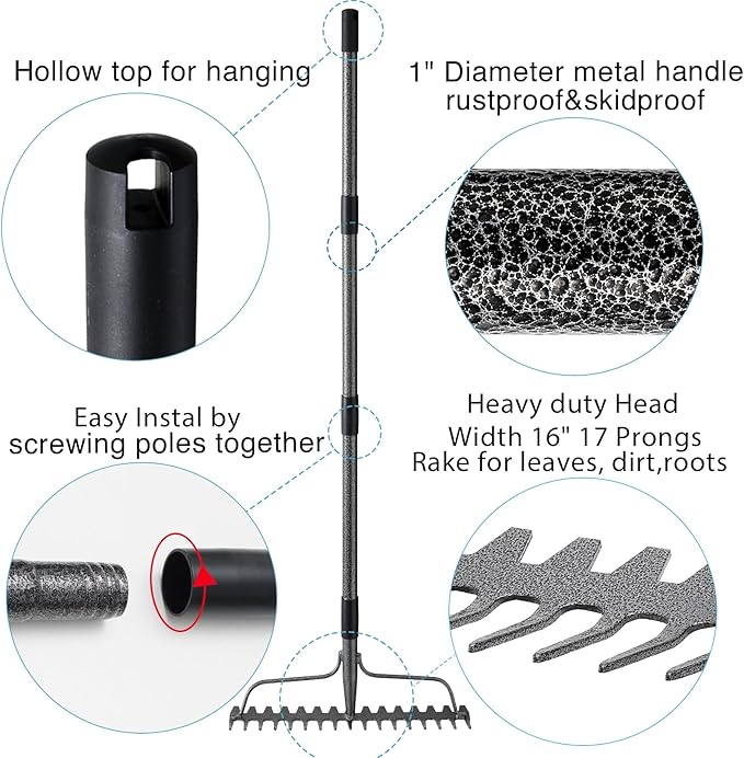 Bow Rake,Thatch Rakes for Lawns, Heavy Duty Metal Garden Rake with 17 Prongs, Adjustable Yard Rock Rake for Gardening Loosening Soil, Long Handle 60 Inches