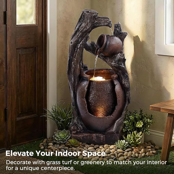 32" H Outdoor Water Fountain, Rustic 2-Tier Clay Pot Water Fountain and Waterfalls with 2 Warm LED Lights, Natural Feature Garden Fountains for Patio, Backyard, Deck, Porch, Home Decor