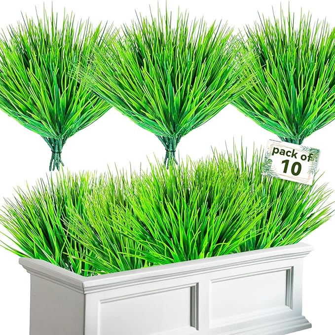 10 Bundles Artificial Grass Plants,Outdoor Faux Grass Plant UV Resistant Fake Plastic Wheat Grass for Indoor Outdoors Fake Realistic Grass for front porch yard patio balcony Garden Decoration- Green