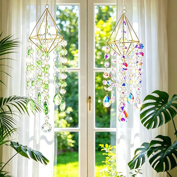 2 Sets Crystal Suncatcher Wind Chimes for Window Hanging, Rainbow Prism Crystal Sun Catchers Indoor Hanging Decor for Home, Garden, Plant & Wedding (AB Green)