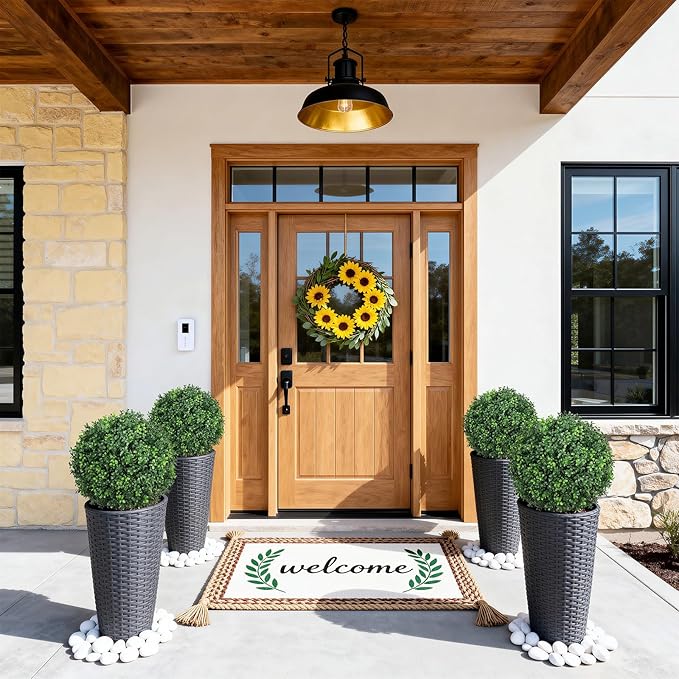 26 inch Height Artificial Boxwood Ball Bush with Ground Spikes, Set of 4 UV Resistant Faux Boxwood Ball Trees for Outdoors, Fake Evergreen Shrubs Bushes Plants for Garden Patio Front Door Balcony