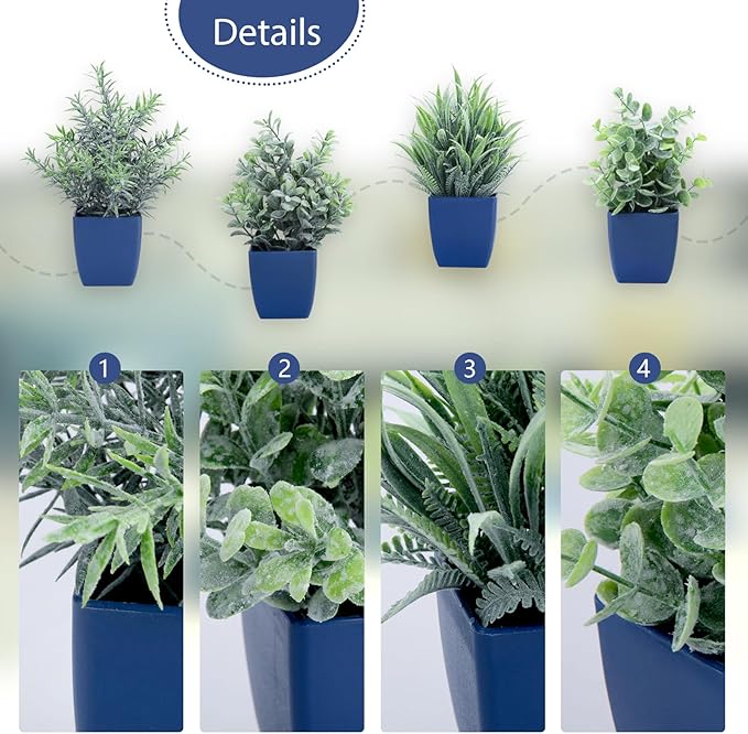 summer flower Set of 4 Fake Plants in Pot Small Artificial Eucalyptus Potted Plant Mini Wheat Grass Ferns Faux Greenery for Home Indoor Office Table Bathroom Farmhouse Decorations Blue