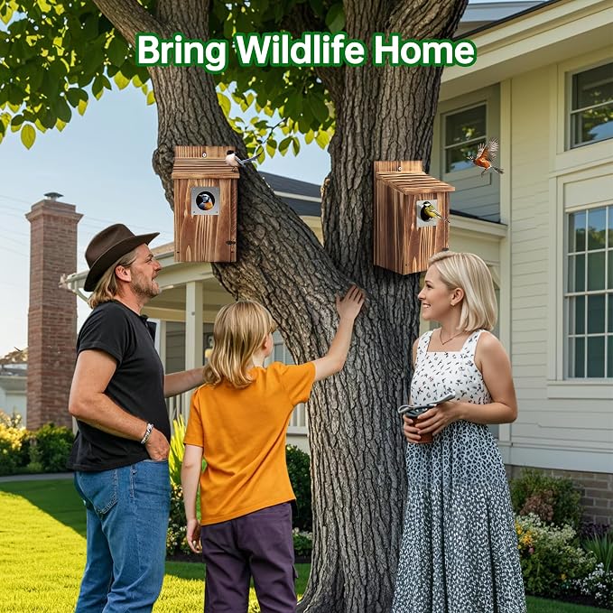 Bird Houses for Outside with Metal Predator Guard for Bluebird Wren Swallow Finch, Carbonized Wooden Nesting Boxes for Outdoor, Sturdy Bird House,Easy to Clean