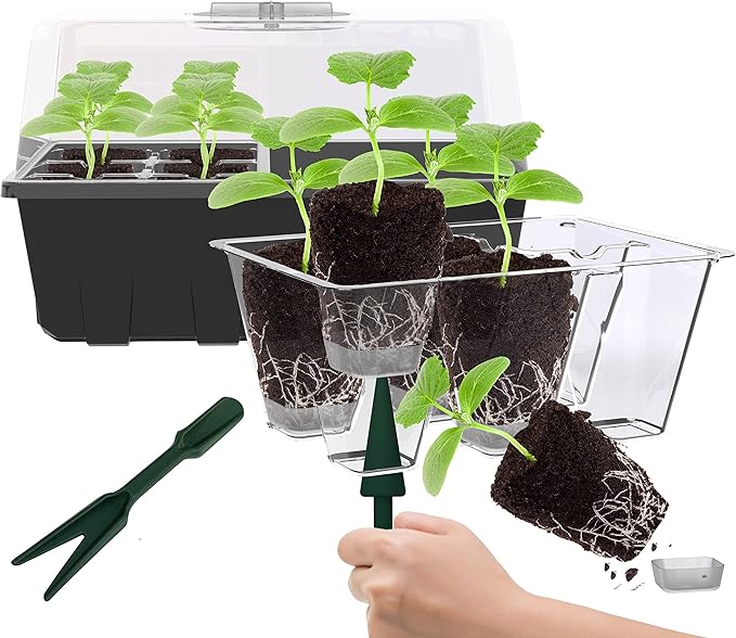 Gardzen 10 Pack Push-Up Seed Starting Tray, Pop Up Plant Germination Trays, Seed Starter Kit with Adjustable Humidity Vented Dome, 6.6" x 4.5", Total 120-Cell, Clear