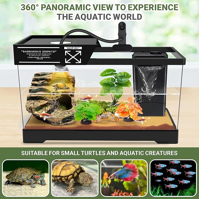 GOZILLA Turtle Tank Kit(Tank+Lamp+Filter), Upgrade PC Turtle Tank Starter Kit with Adjustable Lamp & Filter, Reptile Hideout Habitat with Lid for Small Reptiles.(19.68× 9.52× 9.44''/Large-Black-Kit)