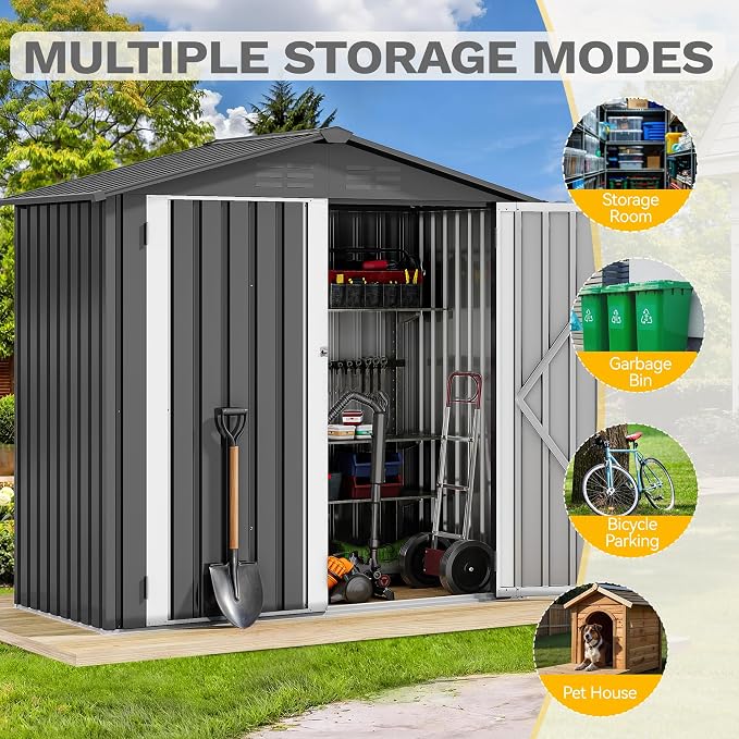 DWVO 6x4ft Metal Outdoor Storage Shed, Lockable Tool Storage Sheds, Oversized Steel Garden Sheds with Sloped Roof for Backyard, Patio, Garage, Lawn, Dark Gray