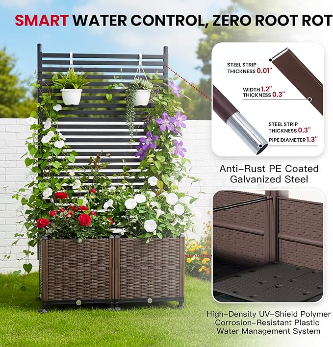 Planter Box with Privacy Screen, 6ft Plastic Raised Garden Bed with Lattice Trellis & Lockable Wheels, Privacy Planters for Patio, Planter Box for Climbing Plants, Flower