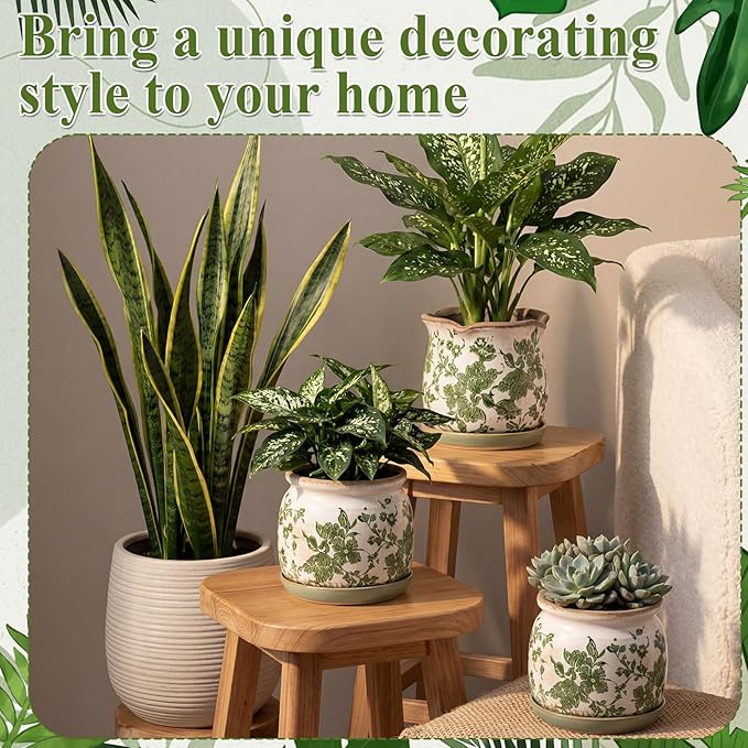 2 Set Vintage Ceramic Planters, 6 Inch Beige Green Crackle Glaze Flower Pots with Drainage Saucers, Vintage Style Green Floral Plant Pot for Indoor Plants, Home Decor Gift