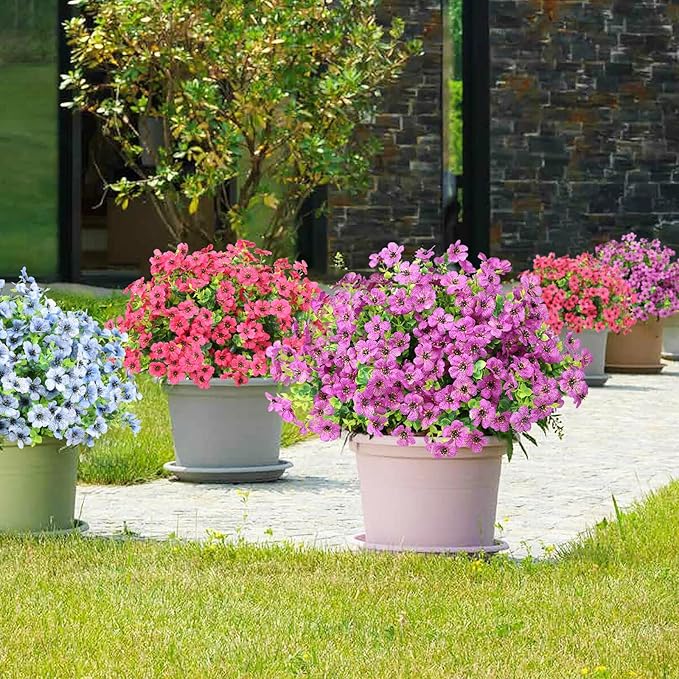 ATTGREAT Artificial Flowers Outdoor Faux Plants UV Resistant Fake Patio Flowers Plastic Greenery Plnats Outside Bulk for Spring Garden Hanging Planter Home Vase Decor, 12 Bundles (Purple)