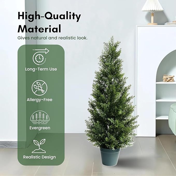 3FT Artificial Cedar Topiary Tree for Outdoor & Indoor Use – UV Rated Faux Cedar Tree in Planter, Fake Plants for Outdoor Planters & Indoor Decor, Ultra Realistic Artificial Shrubs (2 Pack)