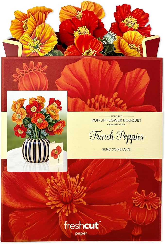 Freshcut Paper Pop Up Cards, French Poppies, 12 Inch Life Sized Forever Flower Bouquet 3D Popup Greeting Card, Birthday Cards, Thank You Card, Blank Notecard & Envelope