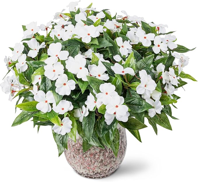 Nigirior Artificial Fake Flowers for Outdoor Décor 6 Bundles UV Resistant Fake Plants for Planter Faux Impatiens for Home Porch/Garden Stunning（White）