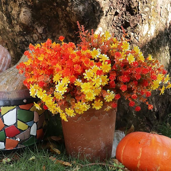 16 Bundles Artificial Fall Mums Flowers Plants Outdoors, Faux Plastic Shrubs Fake Greenery UV Resistant for Garden Patio Decor Window Box Office Hanging Planter Pathway Front Porch (Orange Mixed)
