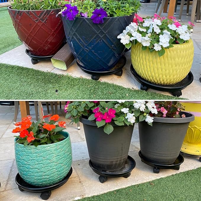 12 Packs Plant Caddy with Wheels 11.8" Plastic Rolling Plant Dolly Coasters Heavy-duty Wheeled Planter Mover Rollers Indoor Outdoor Wheeled Flower Pot Base Suacers with Casters, Black