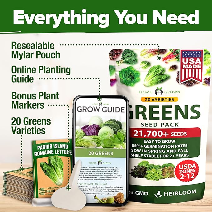 HOME GROWN 21,700+ Lettuce Seeds for Planting - 20 Heirloom Varieties, Non-GMO USA - Romaine, Butterhead, Iceberg, Leaf Lettuce, Spinach & Kale - Indoor, Outdoor & Hydroponic Garden Kit