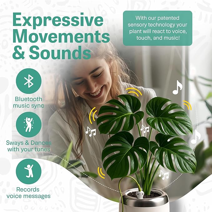 PLANTPETZ Large Robotic Planter – Smart Planter Fits 4 Inch Pots | Bluetooth Speaker | Interactive Smart Plant Pot Turns A Real Plant Into a Touch/Motion Responsive Companion - Pure Ivory White