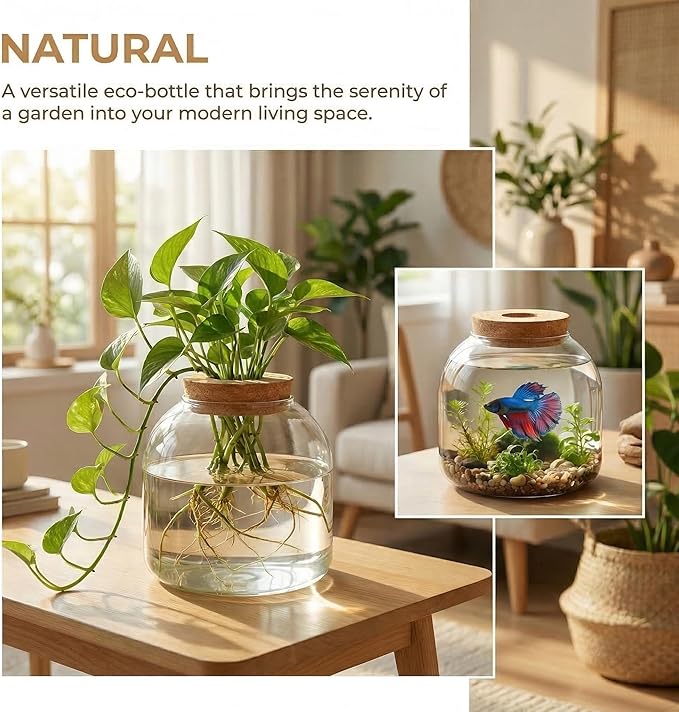 NUOBESTY Glass Terrarium Jar with Cork Lid, Hydroponic Plant Propagation Vase, Clear Round Betta Fish Bowl Tank for Moss Succulent Indoor Desktop Home Decor