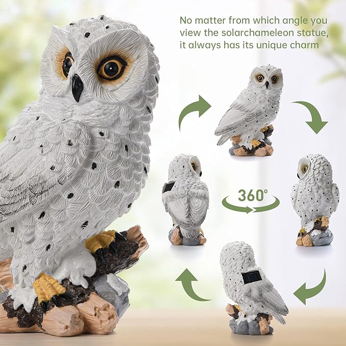 Solar Owl Garden Outdoor Statue,Owl Figurine Sculpture with LED Lights for Porch Patio Lawn Yard Deck Spring Decor - Mother's Day Housewarming Gift for Women Men Owl Lover(White)