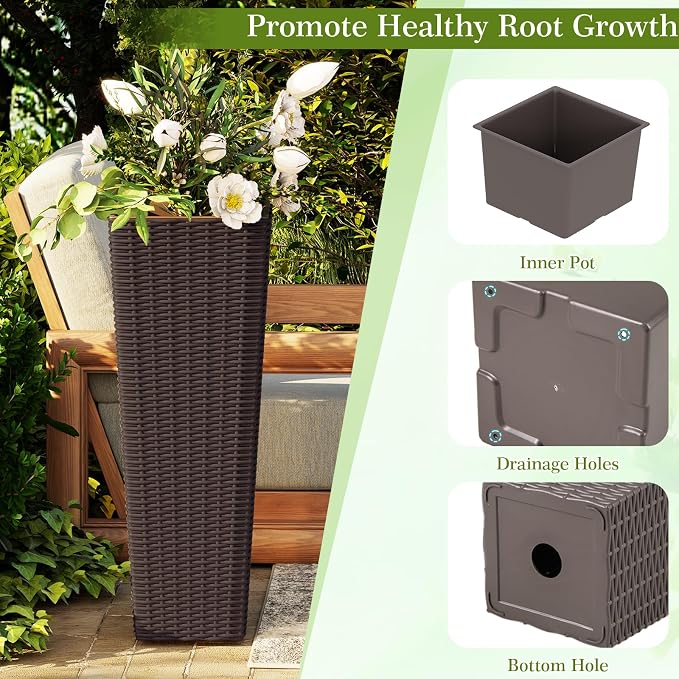Giantex Set of 2 Planters for Outdoor Plants, Tall Tapered Plants w/Inner Trays, Drainage Holes, Decorative PP Flowerpots 32" & 24" Tall for Porch, Patio, Garden, Backyard, Indoors & Outdoors (Coffee)