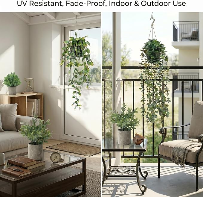 Artificial Hanging Plants 5 Pack – Small Fake Potted Ivy Plants for Indoor or Outdoor Décor, Wall Shelf Home Office Room Decoration, Realistic Faux Plants with Planters