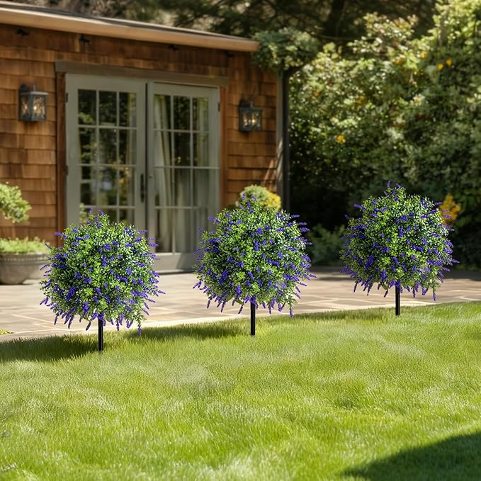 Bailikang 2PCS Artificial Lavender Boxwood Topiary Ball Bush with Ground Spike Fake Evergreen Shrubs Bushes Plants UV Resistant Faux Greenery Shrubs, Fake Green Boxwood Plants for Garden, Yard, Porch