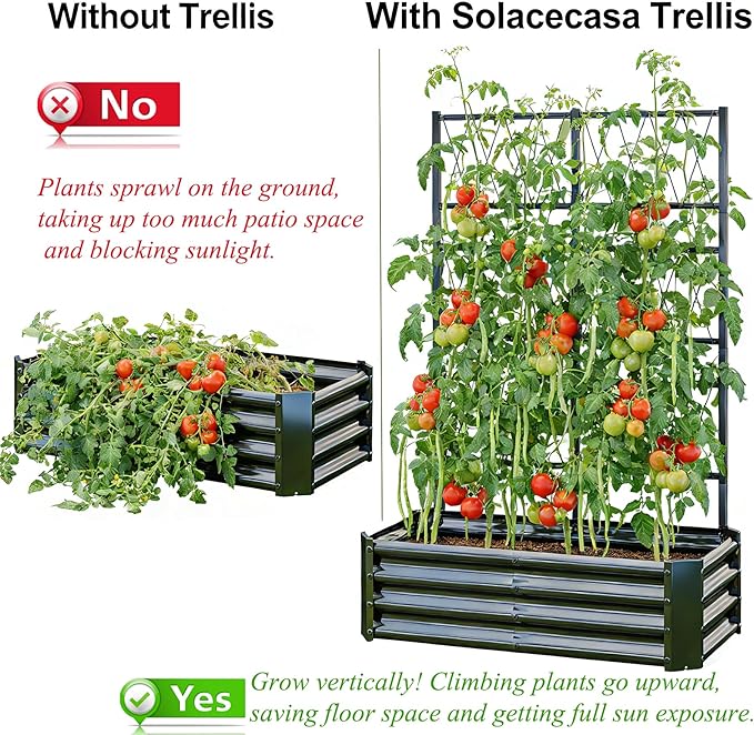 Galvanized Raised Garden Bed with Trellis for Climbing Plants Outdoor,Metal Vertical Garden Planter Box for Patio,Heavy Duty Elevated Garden Bed for Vegetables Tomatoes Cucumbers Flowers Herbs,Black
