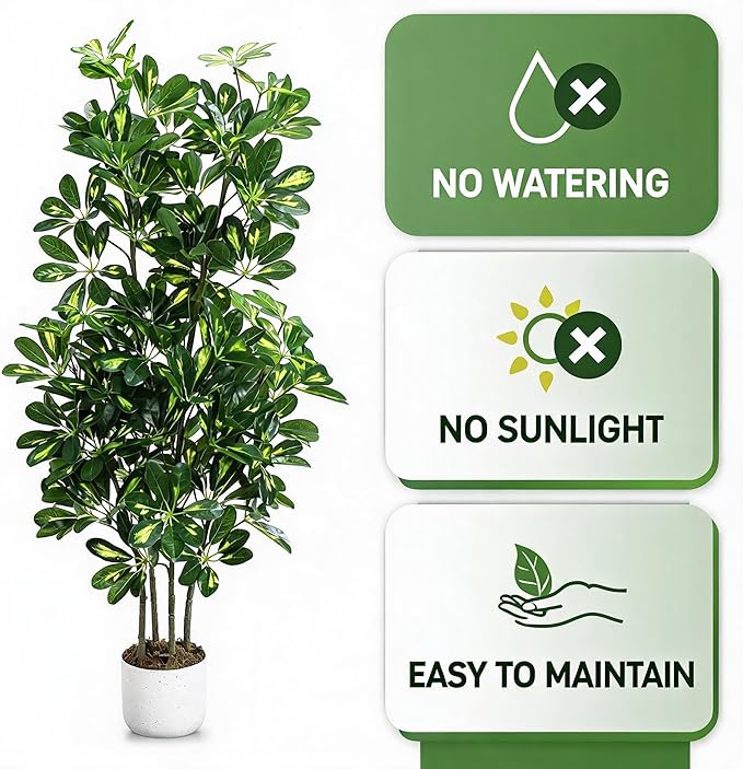 Garvee Artificial Umbrella Tree Plant, 4 ft Tall Faux Schefflera Tree in Black Pot, Large Fake Potted Decorative Plant for Indoor Home Office Decor, Housewarming Gift