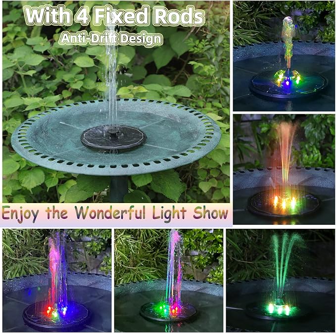 Solar Powered Fountain 4W Bird Bath Fountains Pump Upgraded Glass Panel Fountains with Color LED Lights 7 Nozzles & 4 Fixers for Garden Small Pond Outdoor Swimming Pool Fish Tank