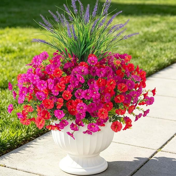 Artificial Flowers Fake Plants for Outdoors Decoration, 12 Bundles Silk Morning Glory with 2PCS Lavender Realistic UV Resistant Faux Spring Flowers for Outside Planter Yard Patio Garden Home Indoor