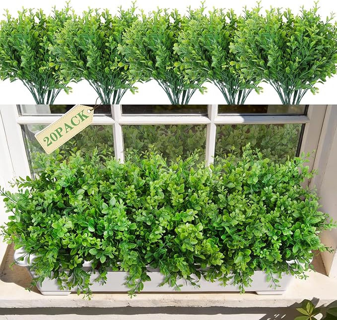20 Bundles Artificial Plants Fake Greenery for Outdoor Spring Summer Decoration, UV Resistant Realistic Faux Shrubs Stems No Fade Plastic Boxwood for Planter Garden Patio Balcony Porch Backyard Indoor