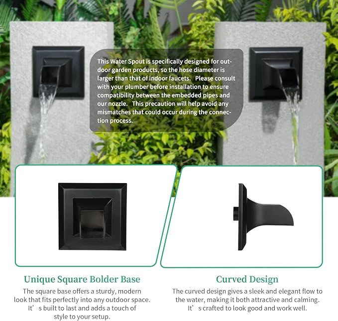 Square 316 Stainless Steel Water Fountain Spout, Outdoor Spillway Scupper with Integrated Spray Baffle, Unique Emitter Water Feature Decor for Patios, Pools, Courtyards, Water Walls(Black)