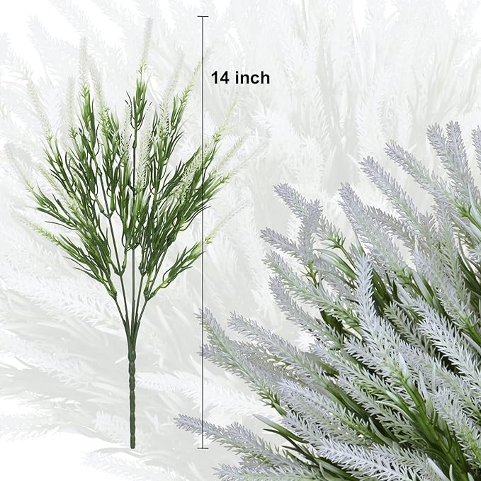 12 Bundles Fake Outdoor Flowers UV Resistant Plants Artificial Lavender Faux Plastic Shrubs Window Box Garden Porch Home Decor (White)