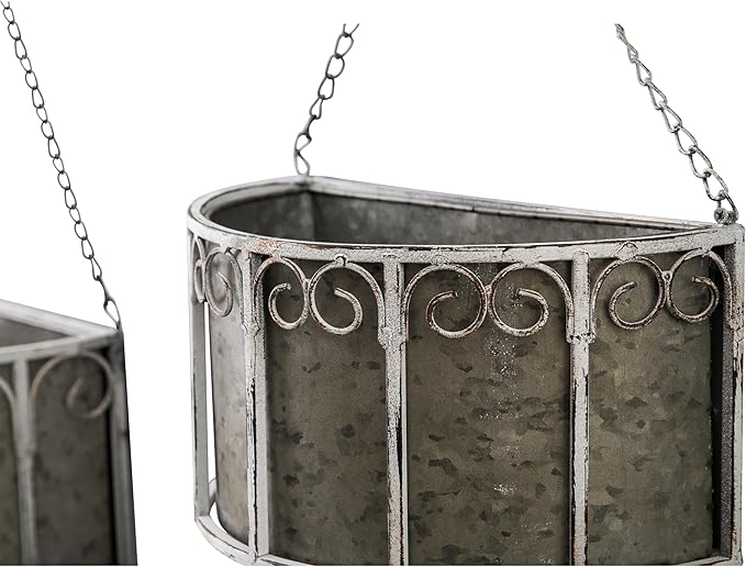 SOFE Farmhouse Galvanized Metal Hanging Planter Basket Set of 2, Unique Hanging Plant Pot Indoor Outdoor, 14 Inch/12inch Flower Pots Holder with Chain Hook, Home Garden Patio Decor
