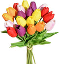 Mandy's Multicolor Artificial Tulips Flowers Centerpiece, 13.5" Lifelike PU Fake Floral Stems 20pcs for Kitchen Island & Dining Table, Spring Decor for Easter