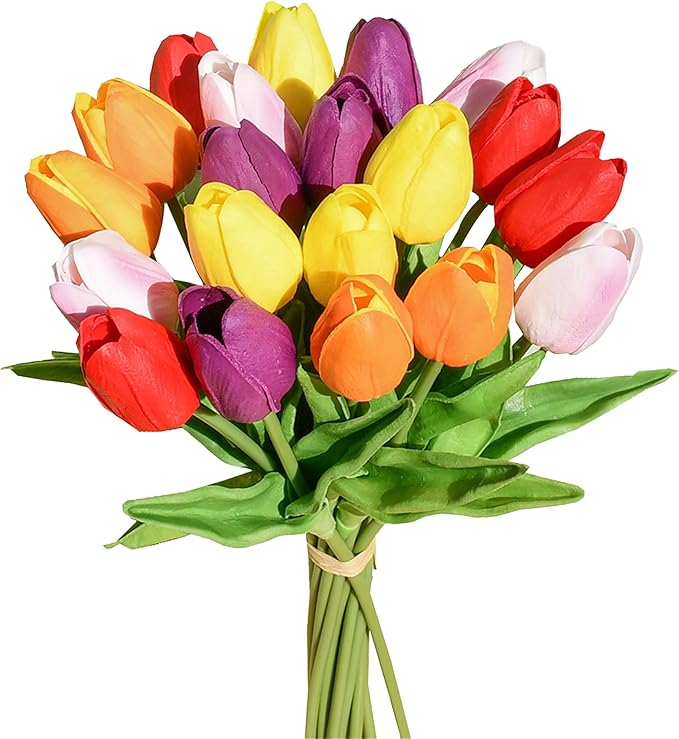 Mandy's Multicolor Artificial Tulips Flowers Centerpiece, 13.5" Lifelike PU Fake Floral Stems 20pcs for Kitchen Island & Dining Table, Spring Decor for Easter