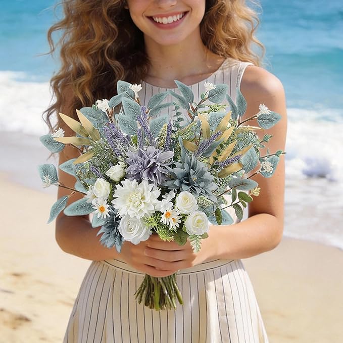 Fake Flowers with Vase, Silk Dusty Blue Rose Hydrangea Lavender Artificial Cemetery Flowers in Vase Faux Dahlia Flowers Arrangement for Table Centerpiece Summer Spring Gravesites Grave Home Decor