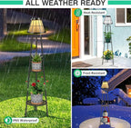 2 Pack Solar Floor Lamps Outdoor with 2-Tier Plant Stand, Metal Tall Planter Holder with Waterproof LED Lantern, Decorative Patio Light & Flower Pot Display Rack for Garden, Deck, Porch, Balcony