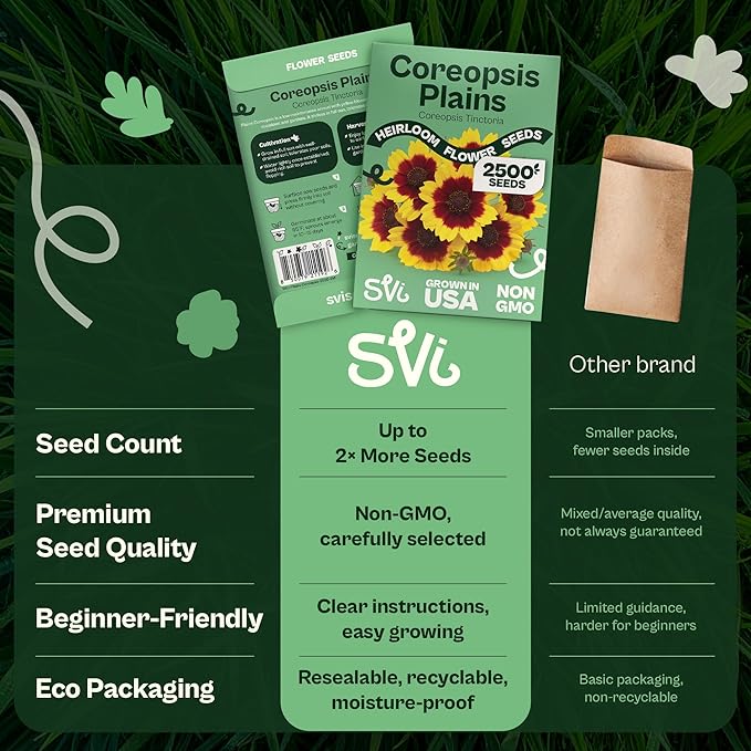 SVI 2500 Plains Coreopsis Seeds (Coreopsis Tinctoria) - Golden Tickseed, Yellow-Red Blooms, Annual Wildflowers, Heirloom Seed in Seed Packets - Flower Seeds for Outdoor Garden, Meadows, Flowers Beds