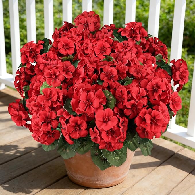 6 Bundles Red Artificial Geranium Flowers for Outdoors Spring Decor Geraniums Silk Flowers UV Resistant Lifelike Faux Flowers for Spring Indoor Outdoor Garden Patio Porch Balcony Home Decoration