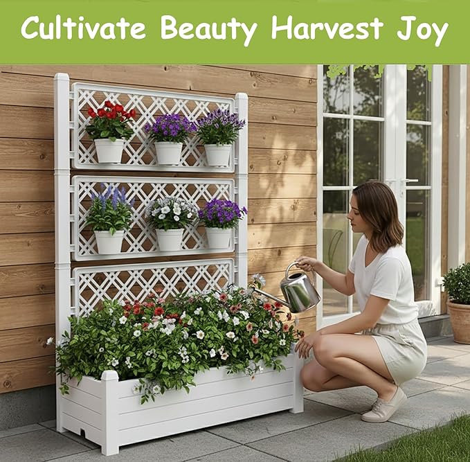 5' Tall Raised Garden Bed with Trellis, Self Watering Planter Box for Outdoor Climbing Plants Resin Garden Lattice for Vegetables, Flowers, Tomato & Vine with Drainage Holes (Ashen, 3 Pack)