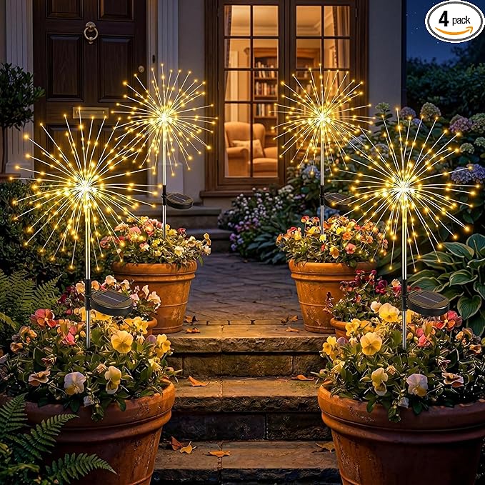 Solar Firework Lights Outdoor 4 Pack, 120LED Solar Starburst Garden Lights with 8 Modes, Waterproof Decorative Sparkle Light for Backyard, Garden, Patio & Lawn Landscape - Gifts for Women Mom