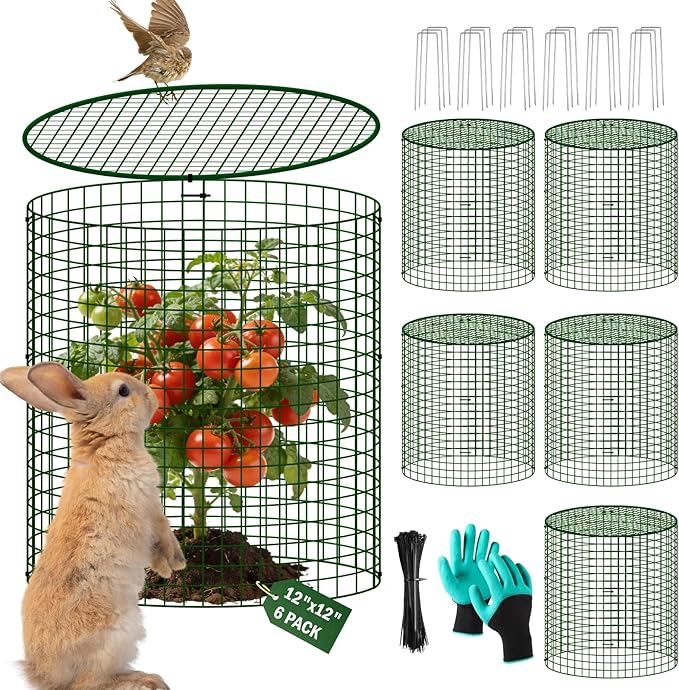 6 Pack Plant Protectors from Animals with Cover, 12" x 12" Round Metal Wire Garden Plant Cages to Keep Animals Out, Rabbit Proof Protection for Vegetables & Flowers with Stakes, Zip Ties & Gloves