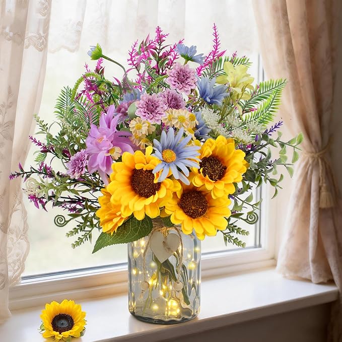 Sunflower Fake Flowers in Vase, Wildflowers Artificial Flowers with Vase for Table Centerpieces Decor, Silk Flower Bouquet Faux Arrangements Kitchen Bathroom Wedding Cemetery Gravesites Decoration