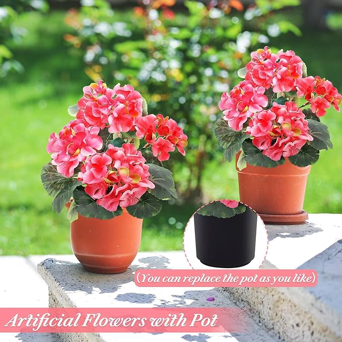 2 Pack Artificial Geranium Fake Flowers for Outdoors Spring Summer Decor, Silk Geraniums Flowers UV Resistant Faux Flower Potted Plants for Gardens Farmhouse Indoor Home Table Decor (Rose Red)