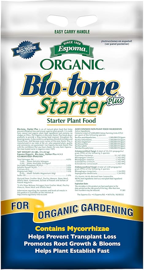 Espoma Organic Bio-Tone Starter Plus 4-3-3 Natural & Organic Starter Plant Food with Both Endo & Ecto Mycorrhizae; 25 lb. Bag; The Ultimate Starter Plant Food