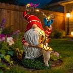 Garden Gnome Statue, Solar Funny Gnomes Figurine Catching Butterflies with LED Lights Waterproof Resin Outdoor Decor for Patio Lawn Yard Home Tabletop Decoration