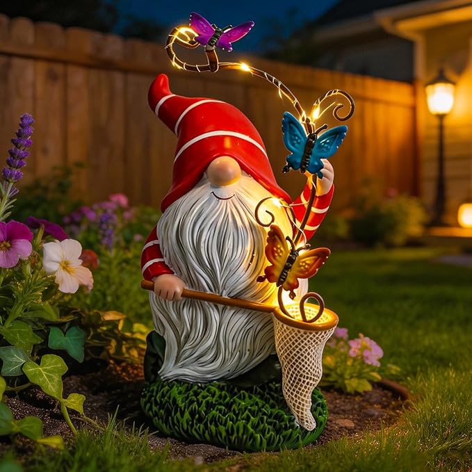 Garden Gnome Statue, Solar Funny Gnomes Figurine Catching Butterflies with LED Lights Waterproof Resin Outdoor Decor for Patio Lawn Yard Home Tabletop Decoration