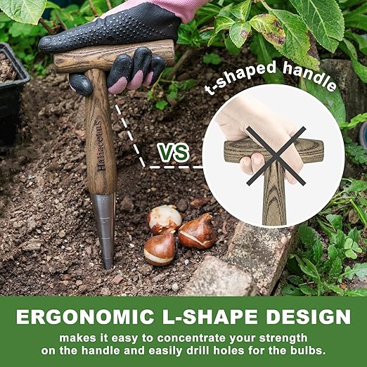 Haliaeetus Dibbler Gardening Tool with 5'' Measuring Scale, Easy to Grip L-Shaped Wood Handle Dibbler, Stamped Stainless Steel Tip Seed Dibber, 11.3'' Dibber for Sowing Seeds and Planting Seedlings