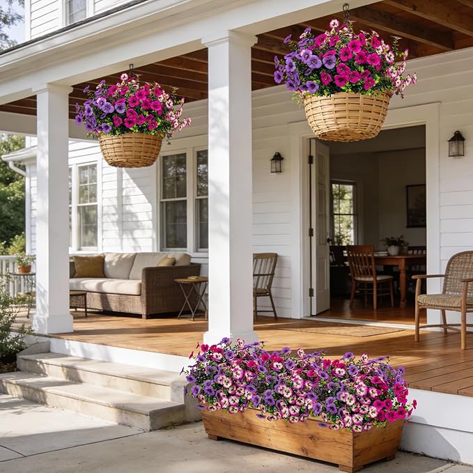 17 Inch Artificial Faux Pansy Flowers for Outdoor,Fake Pansies Flowers with Eucalyptus Leaves Fake Plants Greenery Boxwood Porch Patio Decor 6 Bundles(Light Purple,Rose White,Rose Red)